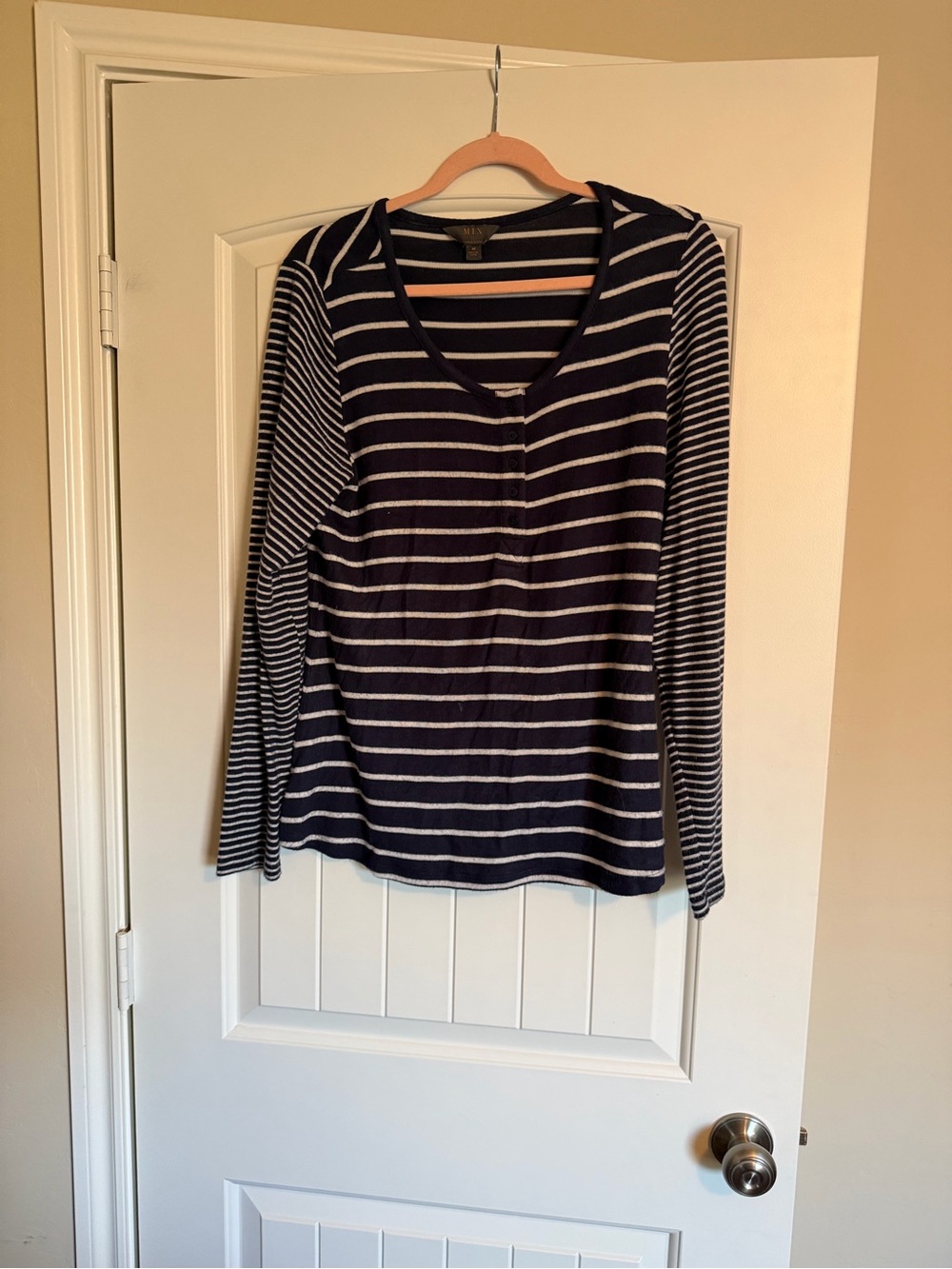 Mix by Emma & Sam Navy White Striped Henley Long Sleeve Top Size M